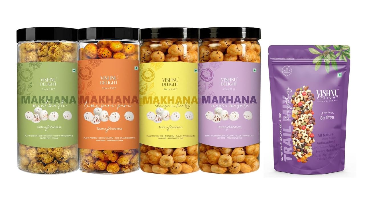 Vishnu Delight Roasted Makhana Combo Pack - 4 of 90g Each flavor - Mint Masti, Fiery Peri Peri, Tangy Tomato, Himalayan Salt & Pepper - Crunchy, Deliciously, and Full of Flavorful Indian Spices Snacks