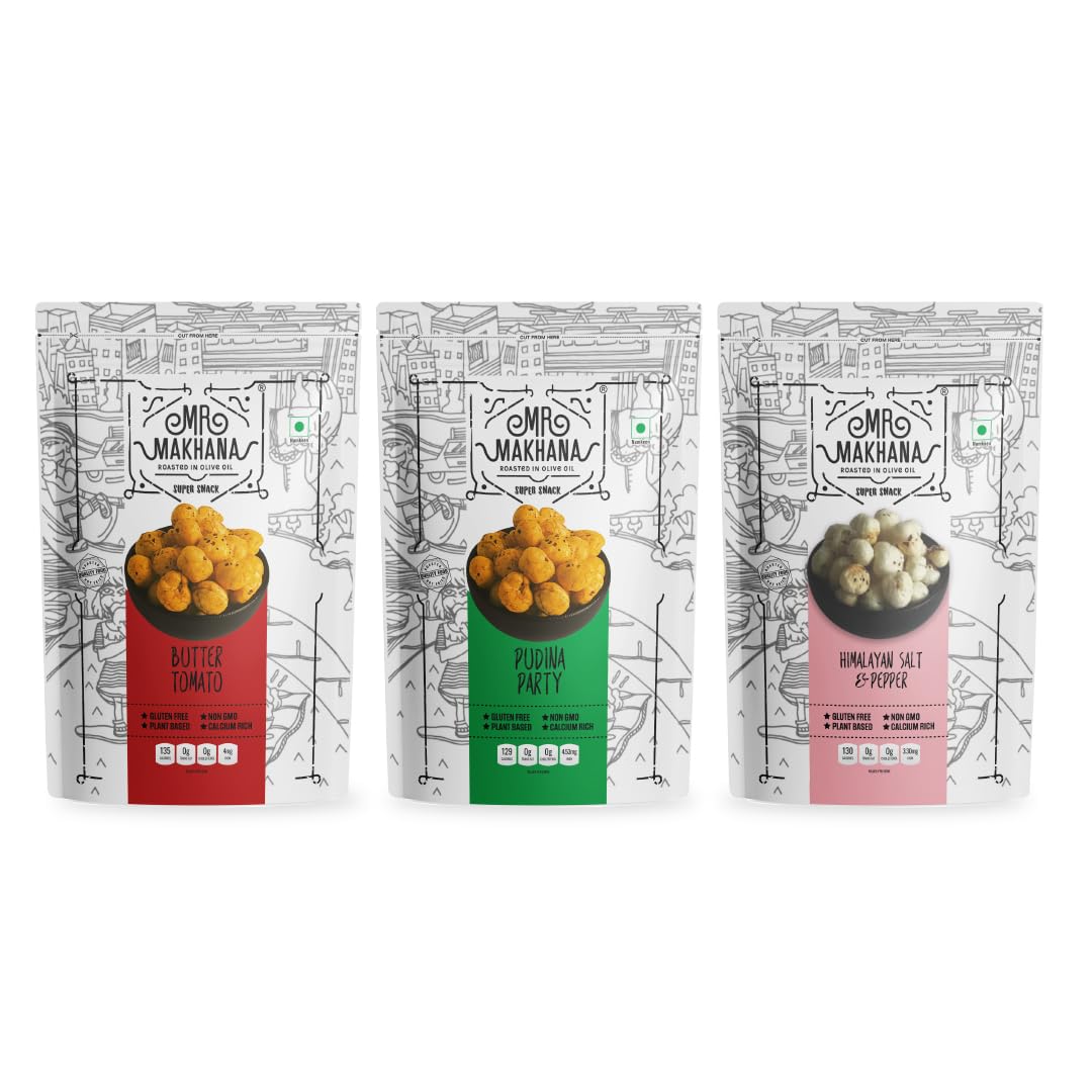 Mr. Makhana Roasted Makhana and Foxnuts | Healthy Snacks | Gluten Free | MSG Free | Antioxidant | Rich Calcium | Zero Trans Fat | Zero cholesterol (Butter Tomato 55gx3)