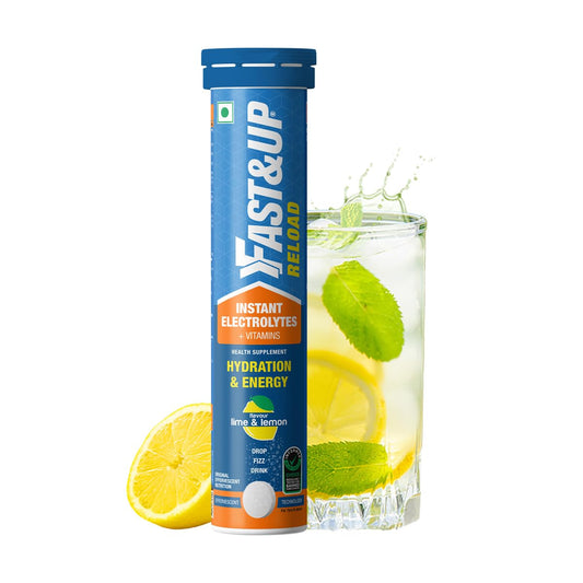 Fast&Up Reload (5 Litres) Low Sugar energy drink for Instant Hydration- 20 Effervescent Tablets with all 5 Essential Electrolytes + Added Vitamins -Certified Electrolytes Drink- Lime and Lemon flavour