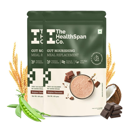 The Healthspan Co. | Meal Replacement Drink for men & women to manage weight & inch | Only 122 Calories | With Fiber & Probiotics | Plant Based Protein | 175gm (35gm X 5 Sachets) | Belgian Chocolate