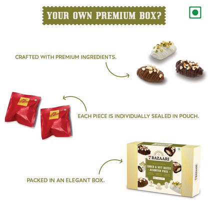 7 BAZAARI™ Premium Choco & Nut Dates - No Added Sugar, Gluten Free, Natural Ingredients - Assorted Almond Dark Chocolate, Cashew Milk Chocolate- 6pcs (Pack of 1)