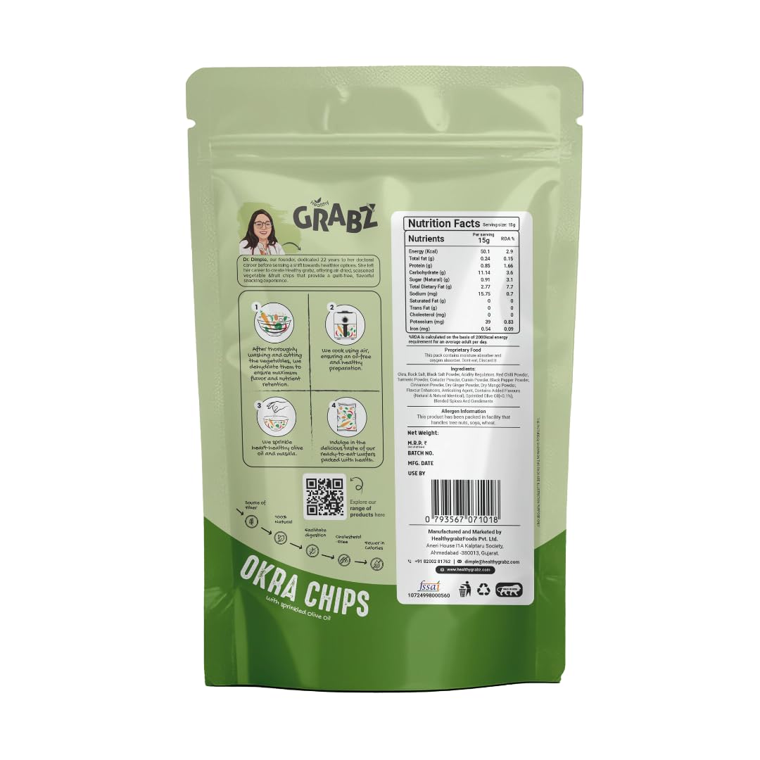 GRABZ Crispy Jain Bhindi Okra Chips without Onion ,Garlic | Air-Cooked, Solar-Dehydrated |No Palm Oil | No Maida | Zero Cholestrol, Gluten Free Vegan Snacks| Low Cholesterol | High Fiber |Olive Oil & Spicy Masala Flavor | 20g Each (Pack of 4)