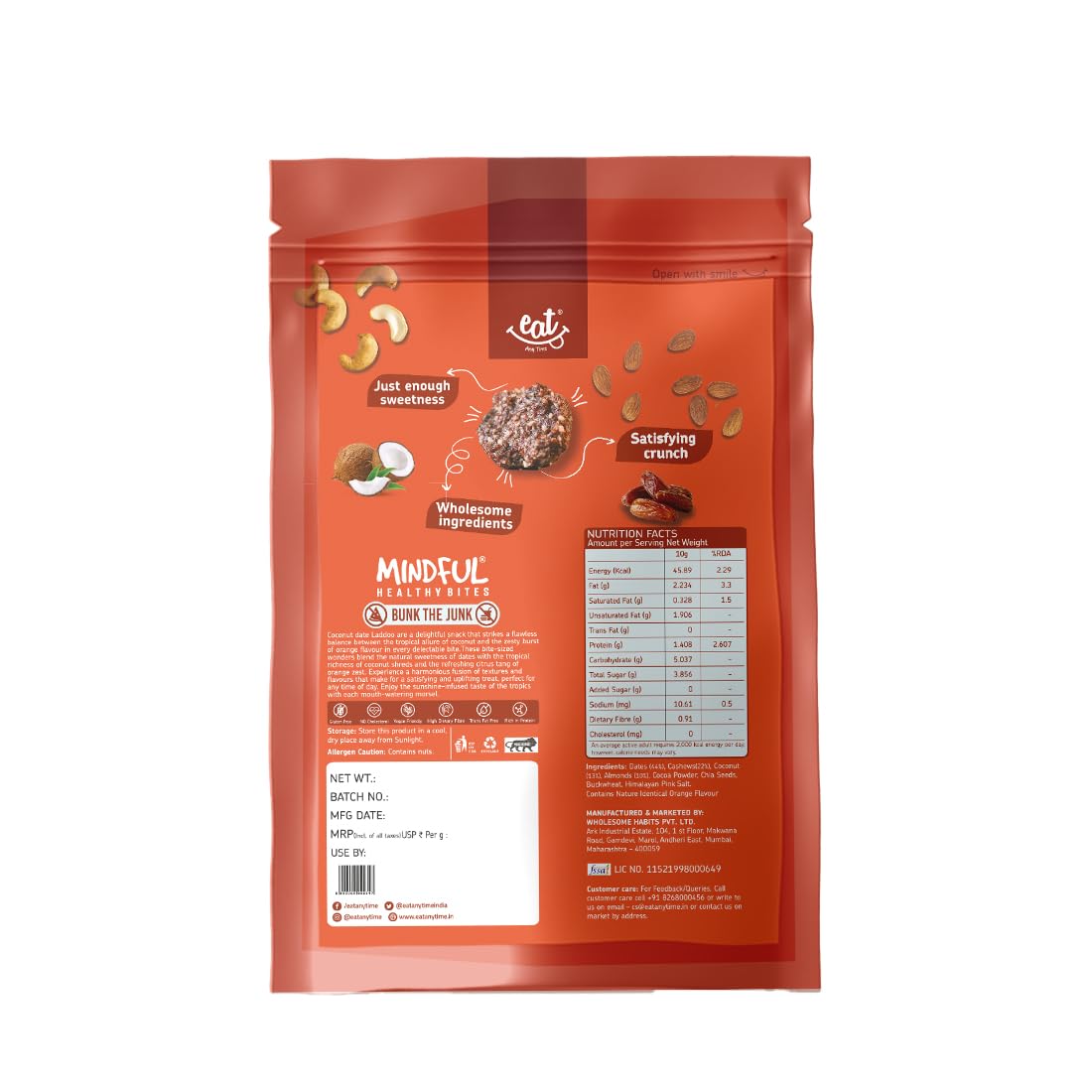 Eat Anytime Sugar Free Dates Laddoo's With Coconut Flavour - Super Saver Pack of 30 | Replacement of Energy & Protein Bars | Powerhouse of Protein & Fibre | Zero Trans Fat & Zero Cholesterol - 100gmx3