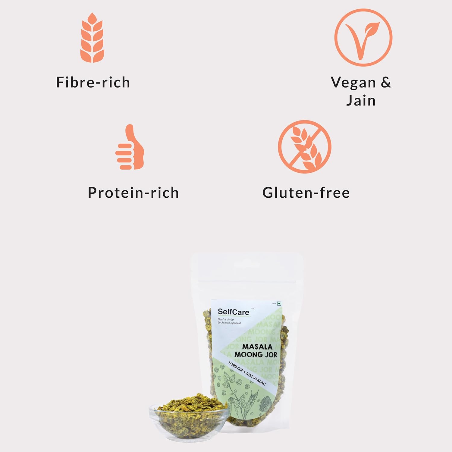 SelfCare By Suman Agarwal Masala Moong Jor Pack of 1 200g | Roasted - Vegan | Savoury - Snacks - Namkeen - Grocery | Spicy Crunchy & Chatpata - Tea time Snacking | Jain & Travel Friendly
