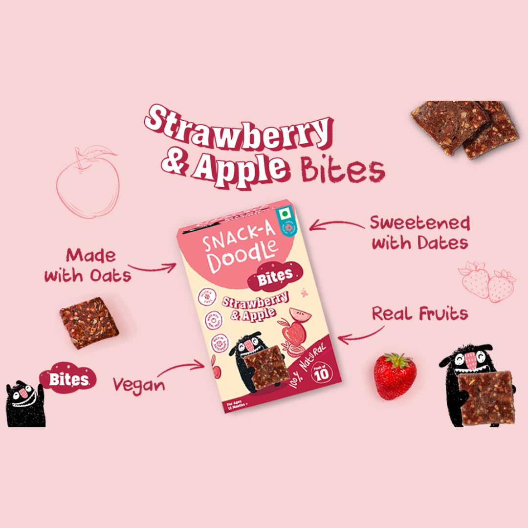 Snack-a-Doodle Strawberry Apple Bites | Nutritious Healthy Snacks for Kids | No Added Sugar | Sweetened with Fruits | Vegan & Gluten-Free | Perfect for Tiffin, Evening Snacks & Travel | 150g