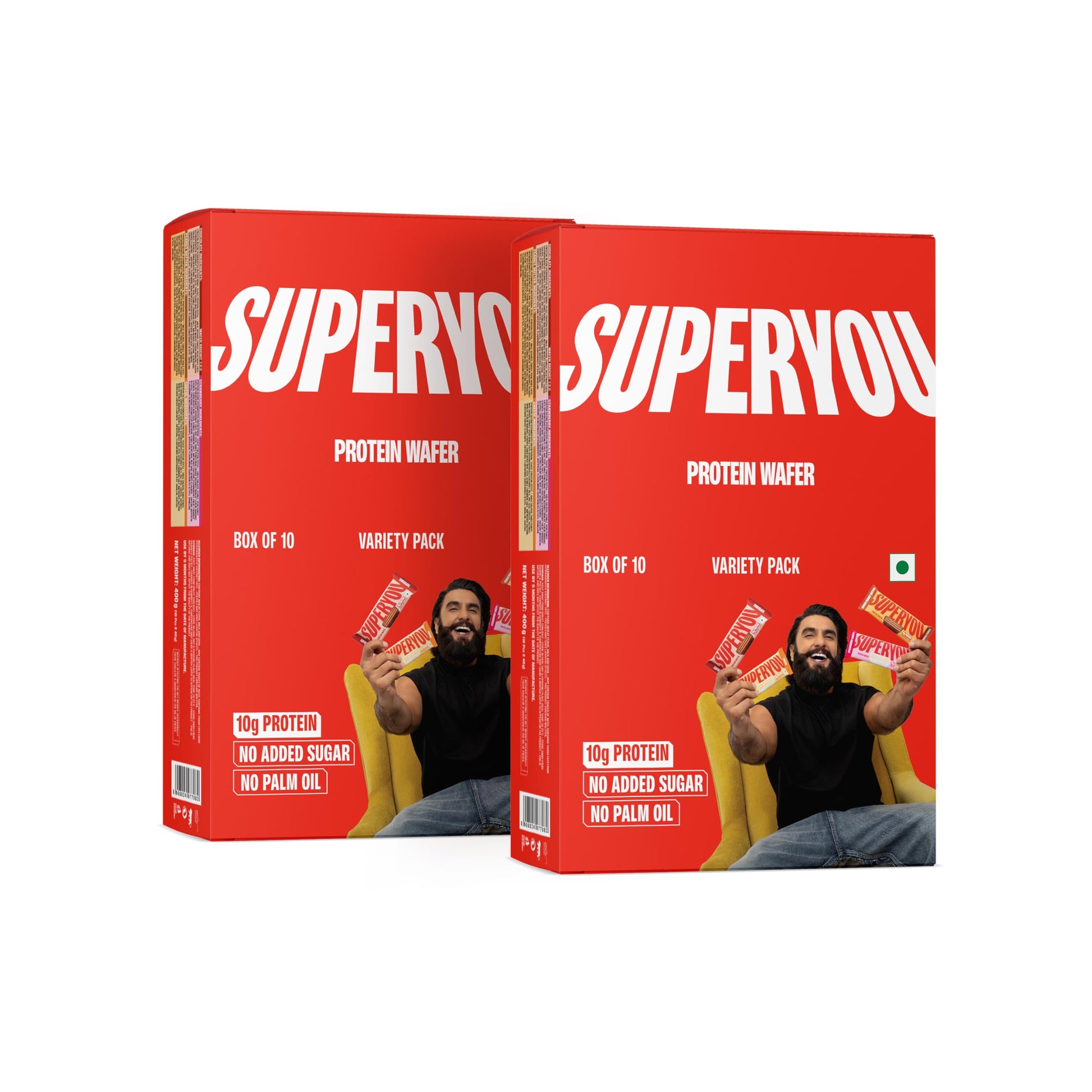SuperYou Assorted Protein Wafer Bars (Pack of 10)|10g Protein, 3g Fiber, No Added Sugar|Yeast Fermented Protein|Energy Bars|Crunchy Wafer Bar|100% Vegetarian|No Palm Oil|400g