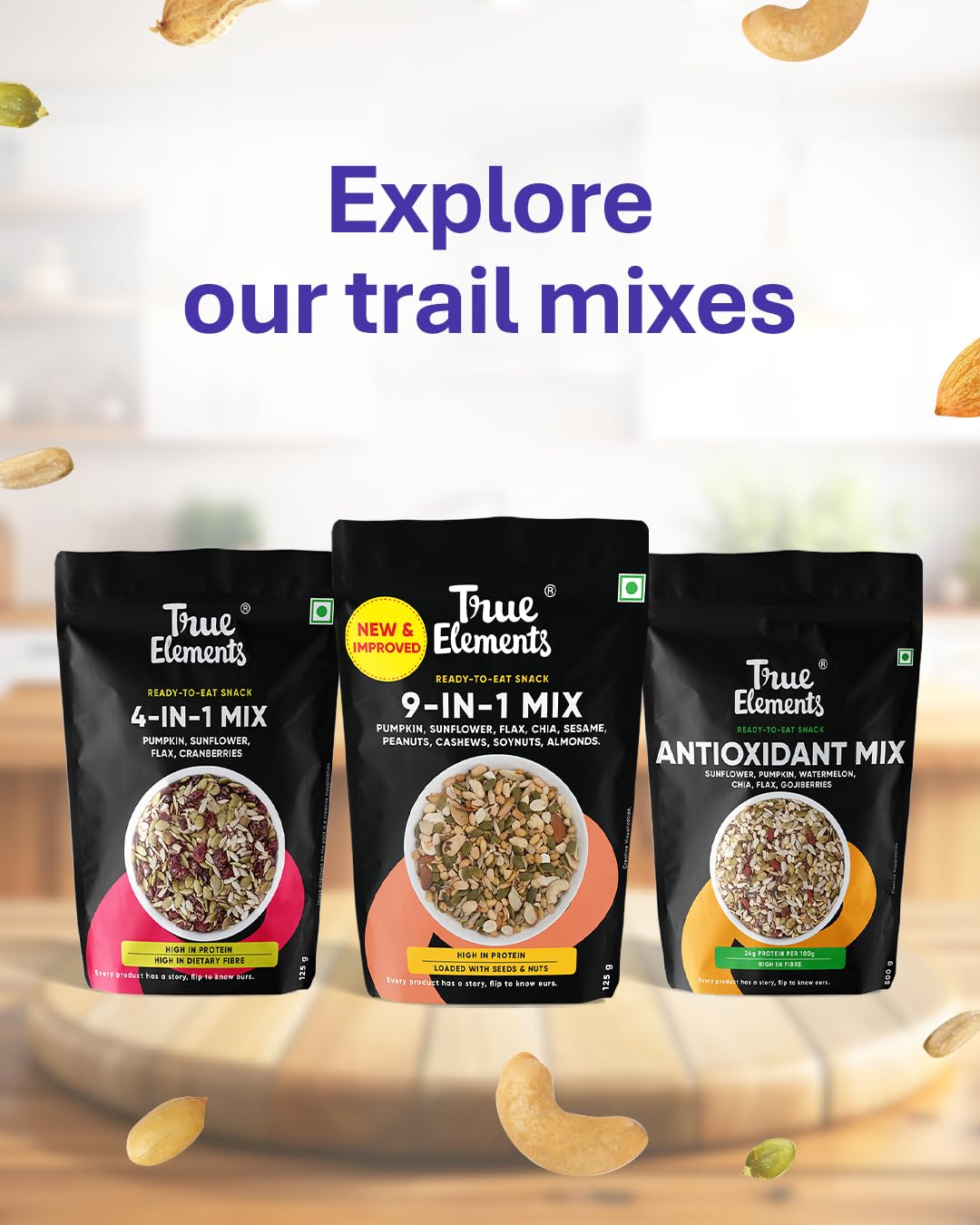 True Elements 7 in 1 Seeds Mix 250g - Edible Seeds | Healthy Seeds | Diet Snacks | 100% Natural and Roasted Seeds - Pumpkin, Watermelon, Sunflower, Flax, Chia, Sesame & Soynuts