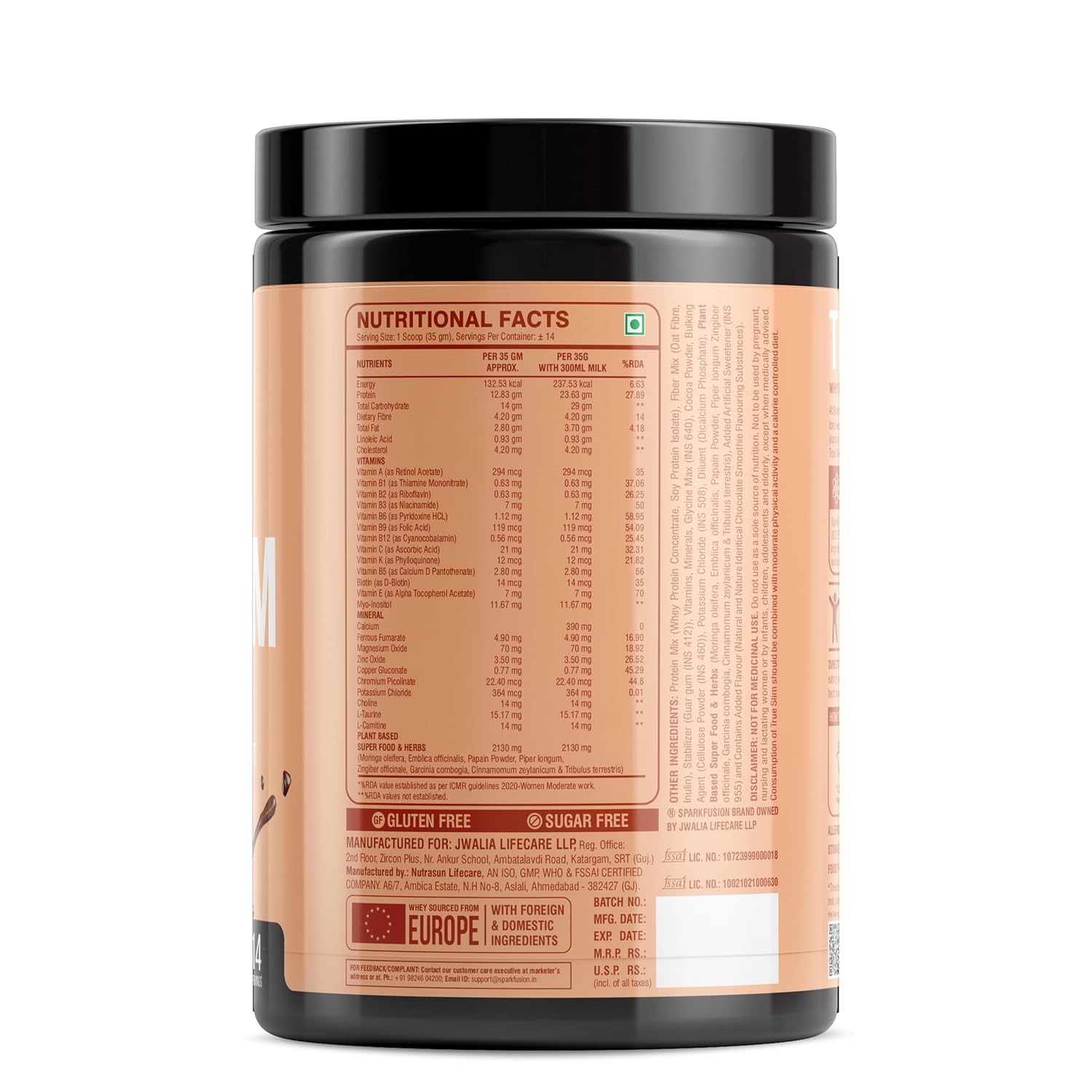 Sparkfusion True Slim Protein Powder Meal Replacement Shake | For Weight Control And Management | 23 gm Protein With 8 Ayurvedic Superfood | Sugar Free | For Men and Women (Chocolate Smoothie, 500 gm)