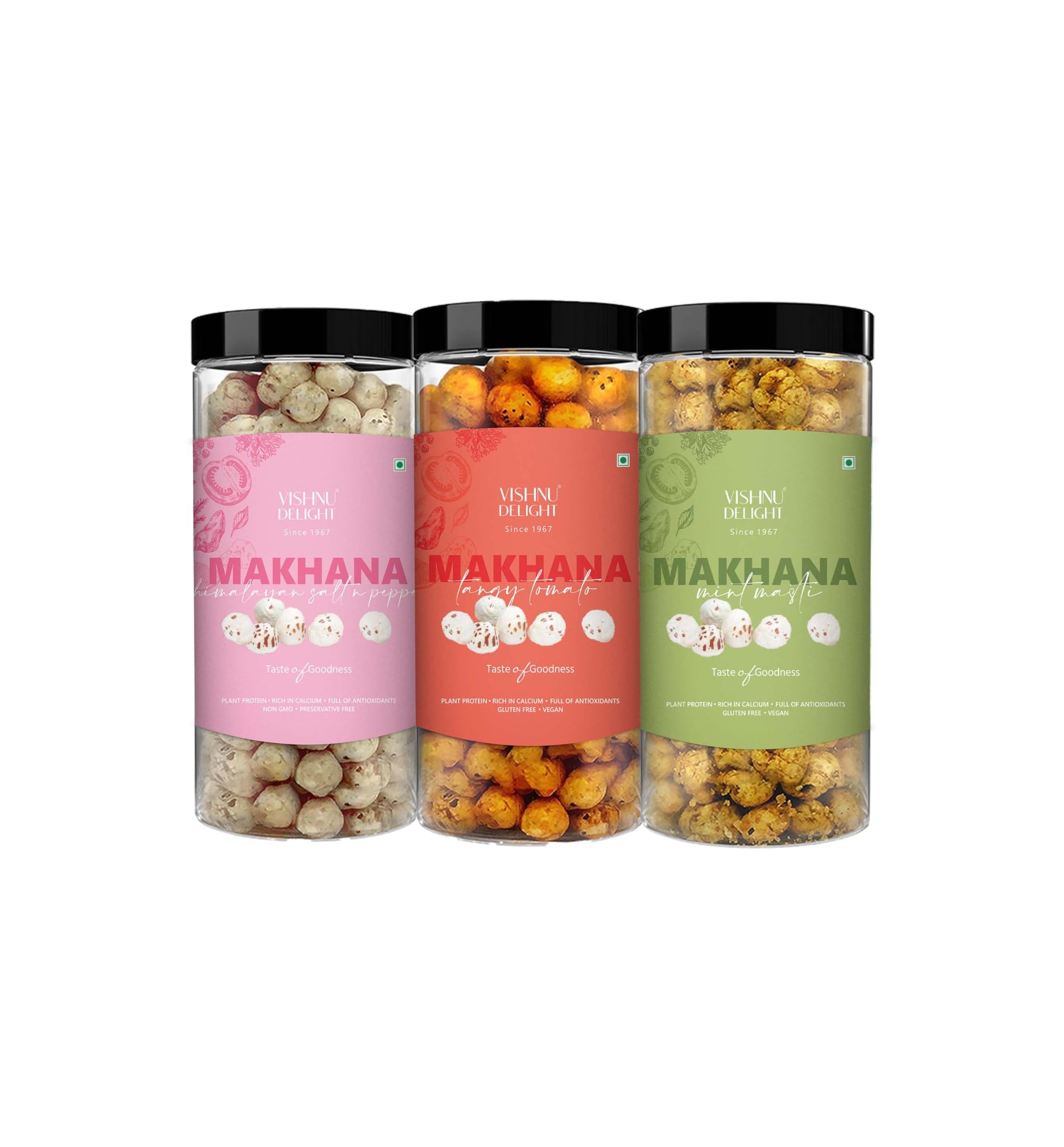 Vishnu Delight Roasted Makhana Combo Pack - 4 of 90g Each flavor - Mint Masti, Fiery Peri Peri, Tangy Tomato, Himalayan Salt & Pepper - Crunchy, Deliciously, and Full of Flavorful Indian Spices Snacks