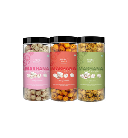 Vishnu Delight Roasted Makhana Combo Pack - 4 of 90g Each flavor - Mint Masti, Fiery Peri Peri, Tangy Tomato, Himalayan Salt & Pepper - Crunchy, Deliciously, and Full of Flavorful Indian Spices Snacks
