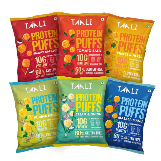 Taali Protein Puffs | 60 gm (Pack of 6) | Try All Flavors Pack | Healthy Roasted Tasty Snacks | 100% Veg., Gluten Free, No Cholesterol, No Trans-Fat