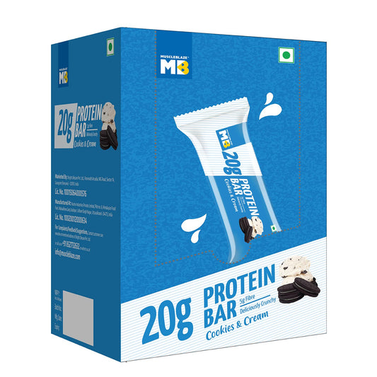 MuscleBlaze 20g Protein Bar (Cookies & Cream, Pack of 6) | Protein Blend, Healthy Protein Snacks | For Energy & Fitness