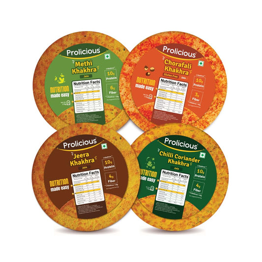 Prolicious Jain Khakhra Combo | Plant Based High Protein Healthy Anytime Snack | No Palm Oil (Pack of 4, 170Grams Each)
