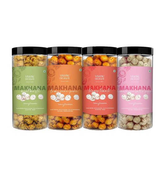 Vishnu Delight Roasted Makhana Combo Pack - 4 of 90g Each flavor - Mint Masti, Fiery Peri Peri, Tangy Tomato, Himalayan Salt & Pepper - Crunchy, Deliciously, and Full of Flavorful Indian Spices Snacks