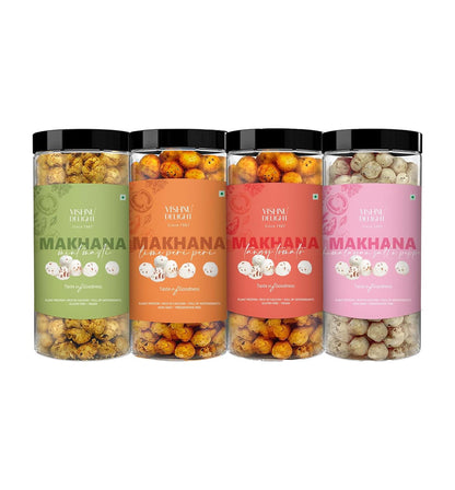 Vishnu Delight Roasted Makhana Combo Pack - 4 of 90g Each flavor - Mint Masti, Fiery Peri Peri, Tangy Tomato, Himalayan Salt & Pepper - Crunchy, Deliciously, and Full of Flavorful Indian Spices Snacks