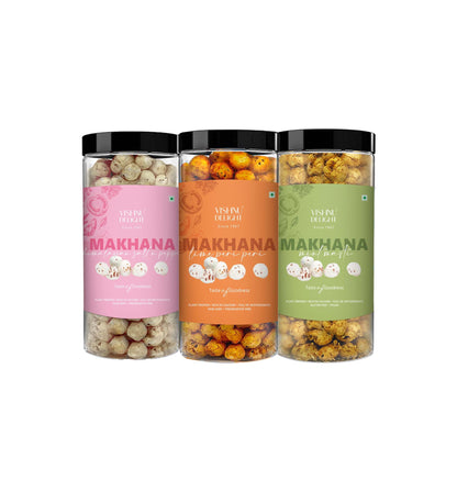 Vishnu Delight Roasted Makhana Combo Pack - 4 of 90g Each flavor - Mint Masti, Fiery Peri Peri, Tangy Tomato, Himalayan Salt & Pepper - Crunchy, Deliciously, and Full of Flavorful Indian Spices Snacks