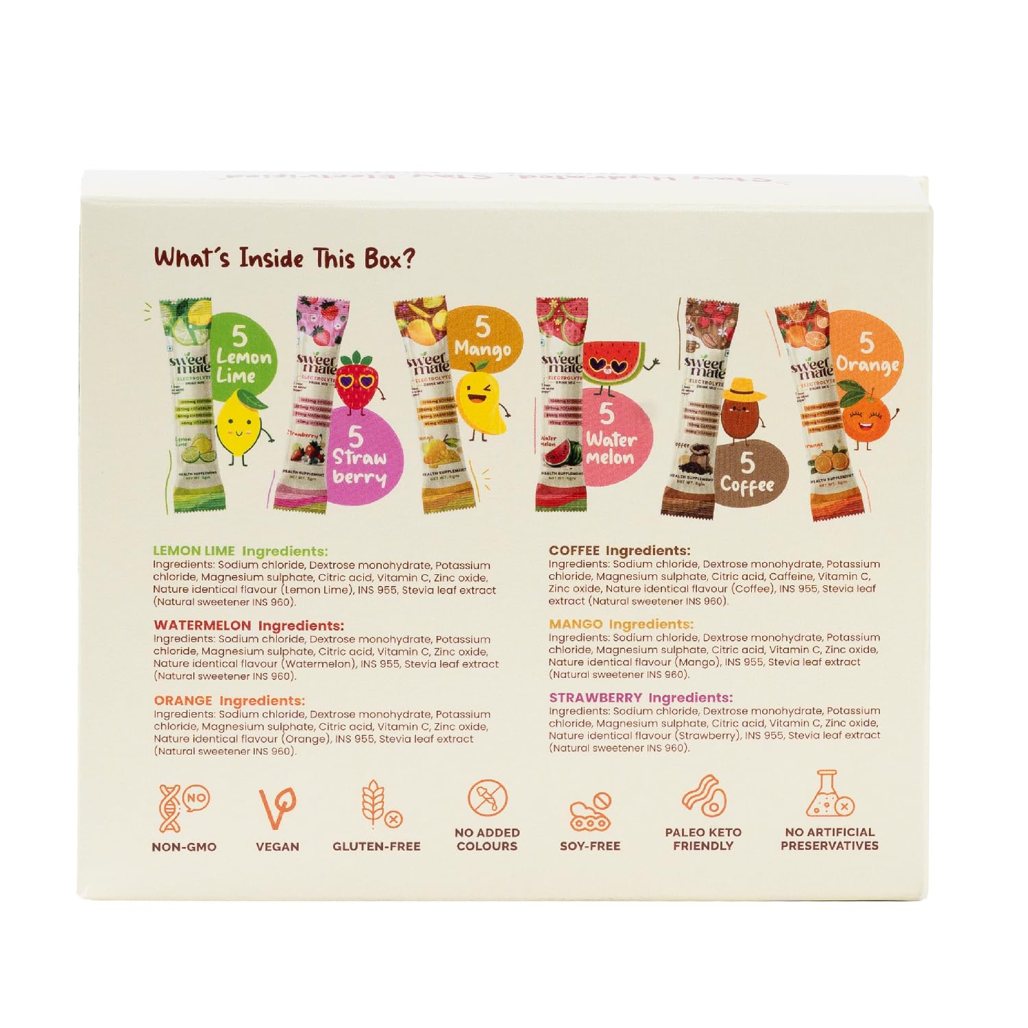 Sweetmate Sugar-Free Assorted Electrolyte Drink Mix Sweetened With Stevia -5g (30 Sachet) No Preservatives and Chemicals |Offers 10x more Electrolyte | Keto Friendly, Vegan