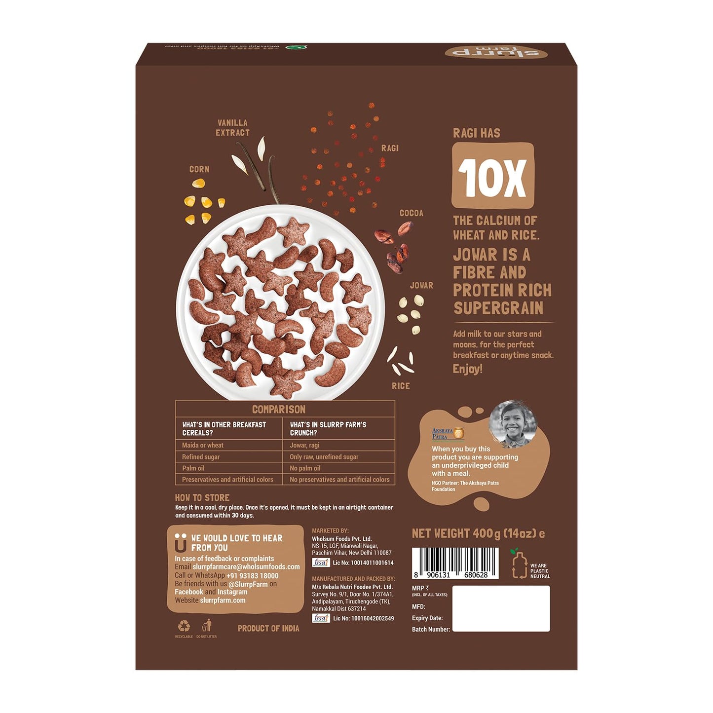 Slurrp Farm Choco Crunch Chocolate Cereal | No Maida, No Refined Sugar, No Added Colour | Ragi Stars and Moons | Healthy Breakfast for Kids | 400 g