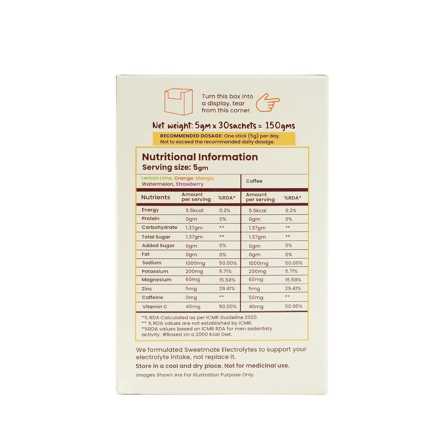 Sweetmate Sugar-Free Assorted Electrolyte Drink Mix Sweetened With Stevia -5g (30 Sachet) No Preservatives and Chemicals |Offers 10x more Electrolyte | Keto Friendly, Vegan