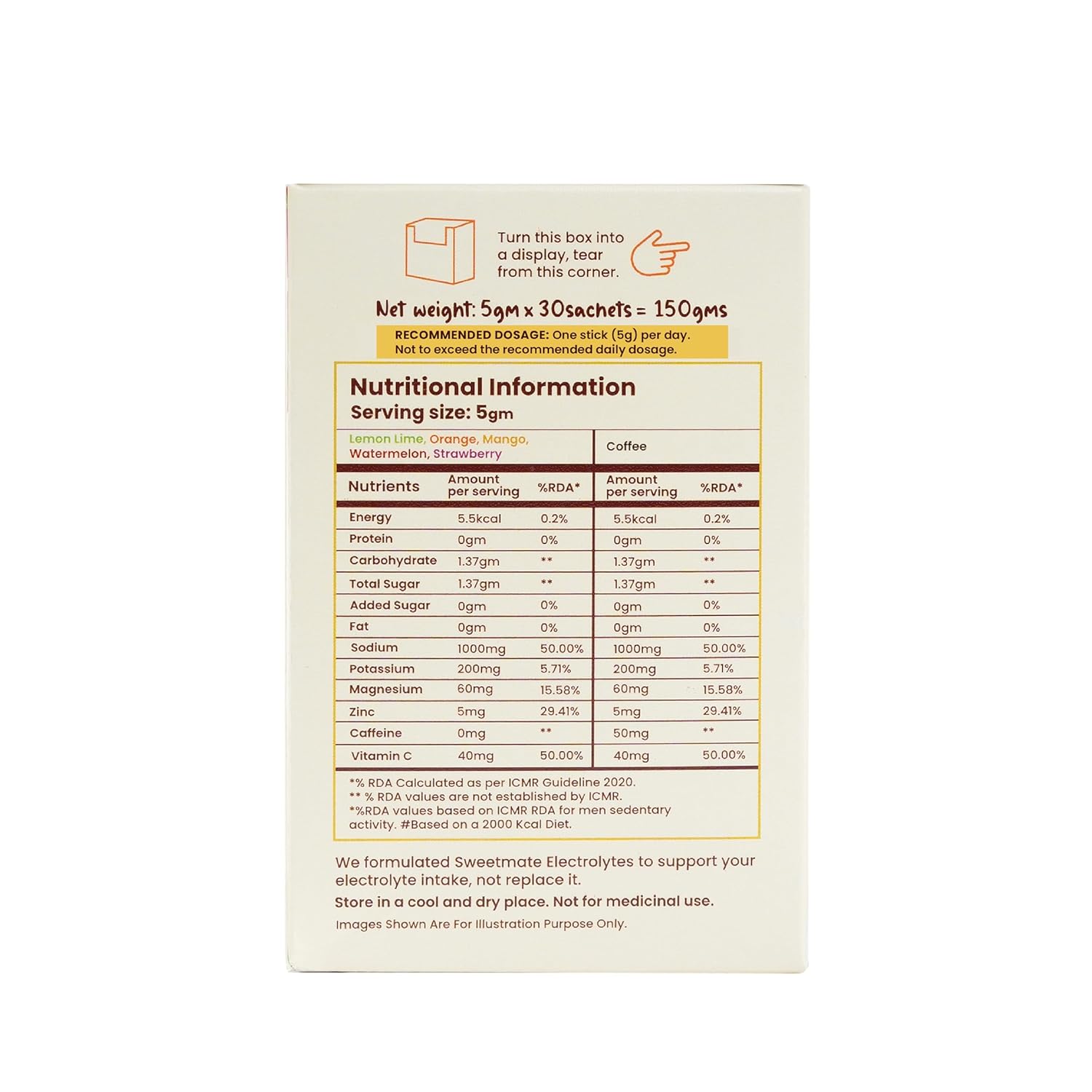Sweetmate Sugar-Free Assorted Electrolyte Drink Mix Sweetened With Stevia -5g (30 Sachet) No Preservatives and Chemicals |Offers 10x more Electrolyte | Keto Friendly, Vegan