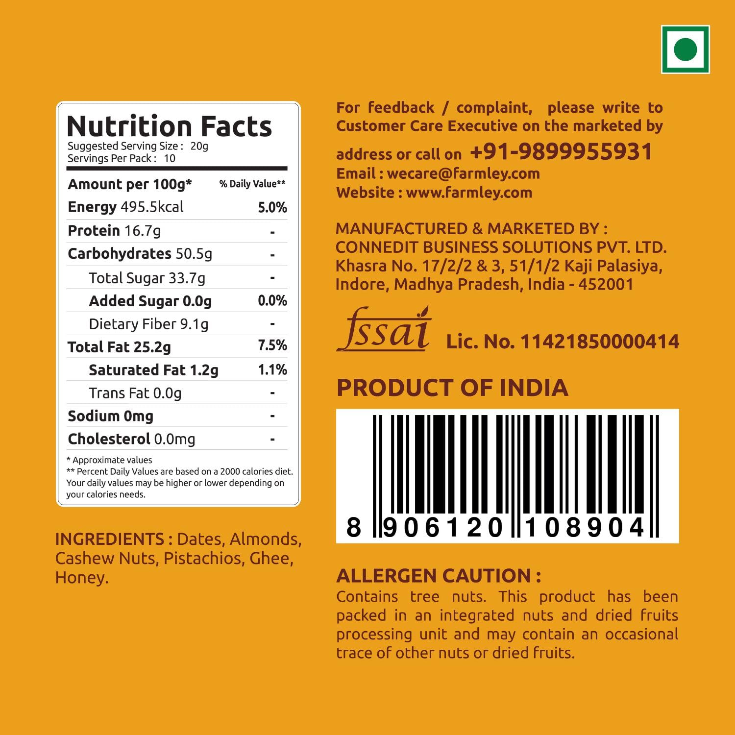 Farmley Classic Date Bites 200 gm I Dates Barfi Made with Dates, Pista, Cashews, Almonds, Honey and Pure Ghee I Dry Fruits Nuts, Healthy Snacks Sweets,Gluten Free, No Added Sugar