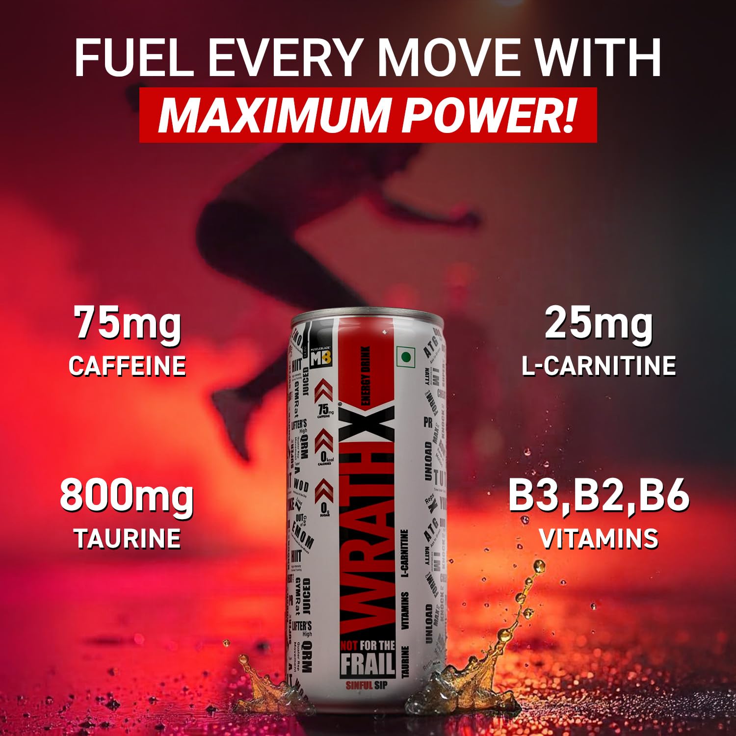 MuscleBlaze WrathX Energy Drink (Mixed Berry, Pack of 6 (250ml*6) | 800mg Taurine, 25mg L-Carnitine, Vitamin B2, B3, B6 | Performance & Focus Booster