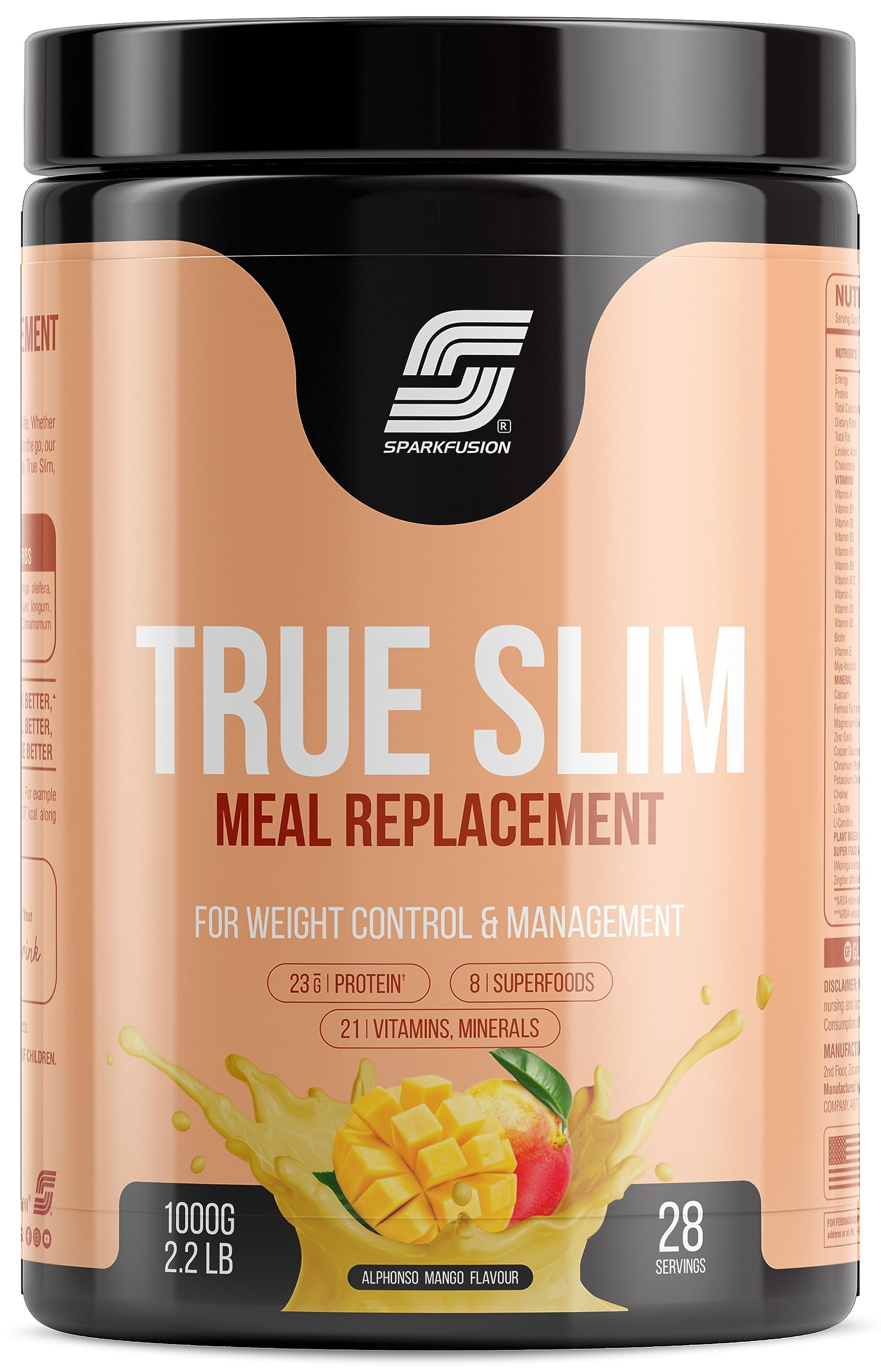 Sparkfusion True Slim Protein Powder Meal Replacement Shake | For Weight Control And Management | 23 gm Protein With 8 Ayurvedic Superfood | Sugar Free | For Men and Women (Chocolate Smoothie, 500 gm)