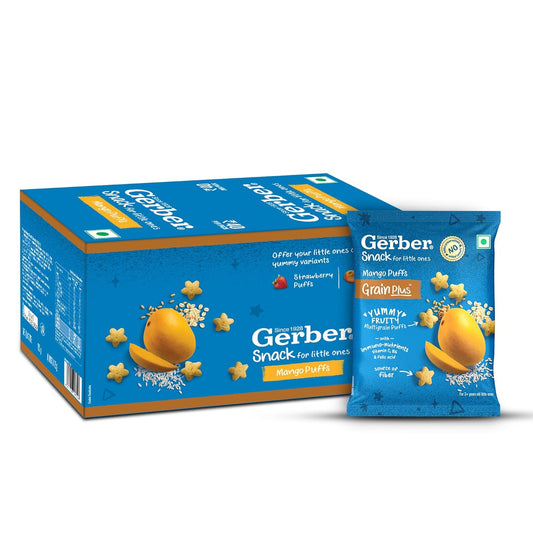 Gerber Snacks Mango Puffs for Kids, Yummy and Nutritious, Made with Multigrain Oats, Wheat & Rice, No Added Colors or Preservatives, Travel Friendly & Ready to Eat Snack For Children, 150g (6X25g)
