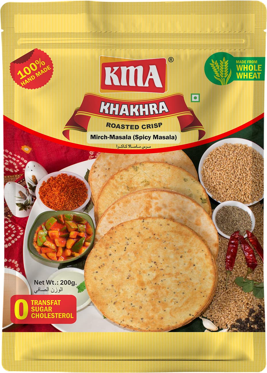 KMA Roasted Plain Khakhra 200 grams - Handmade Fresh Jain Gujarati Khakhra (Plain Salted Flavor), Ready to Eat Indian Snacks, 100% Natural Whole Wheat Snack without Maida, Vacuum Packed for Freshness