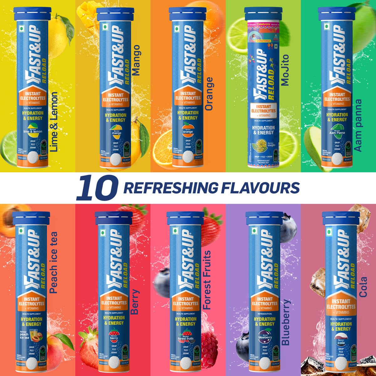 Fast&Up Reload (5 Litres) Low Sugar energy drink for Instant Hydration- 20 Effervescent Tablets with all 5 Essential Electrolytes + Added Vitamins -Certified Electrolytes Drink- Lime and Lemon flavour