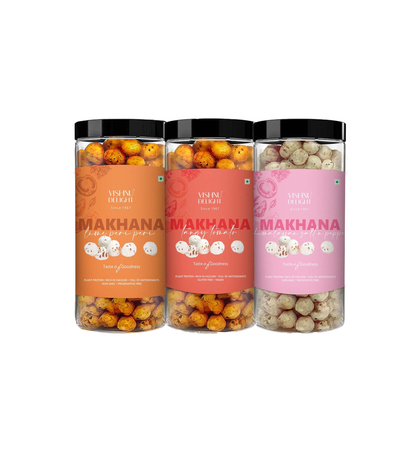 Vishnu Delight Roasted Makhana Combo Pack - 4 of 90g Each flavor - Mint Masti, Fiery Peri Peri, Tangy Tomato, Himalayan Salt & Pepper - Crunchy, Deliciously, and Full of Flavorful Indian Spices Snacks