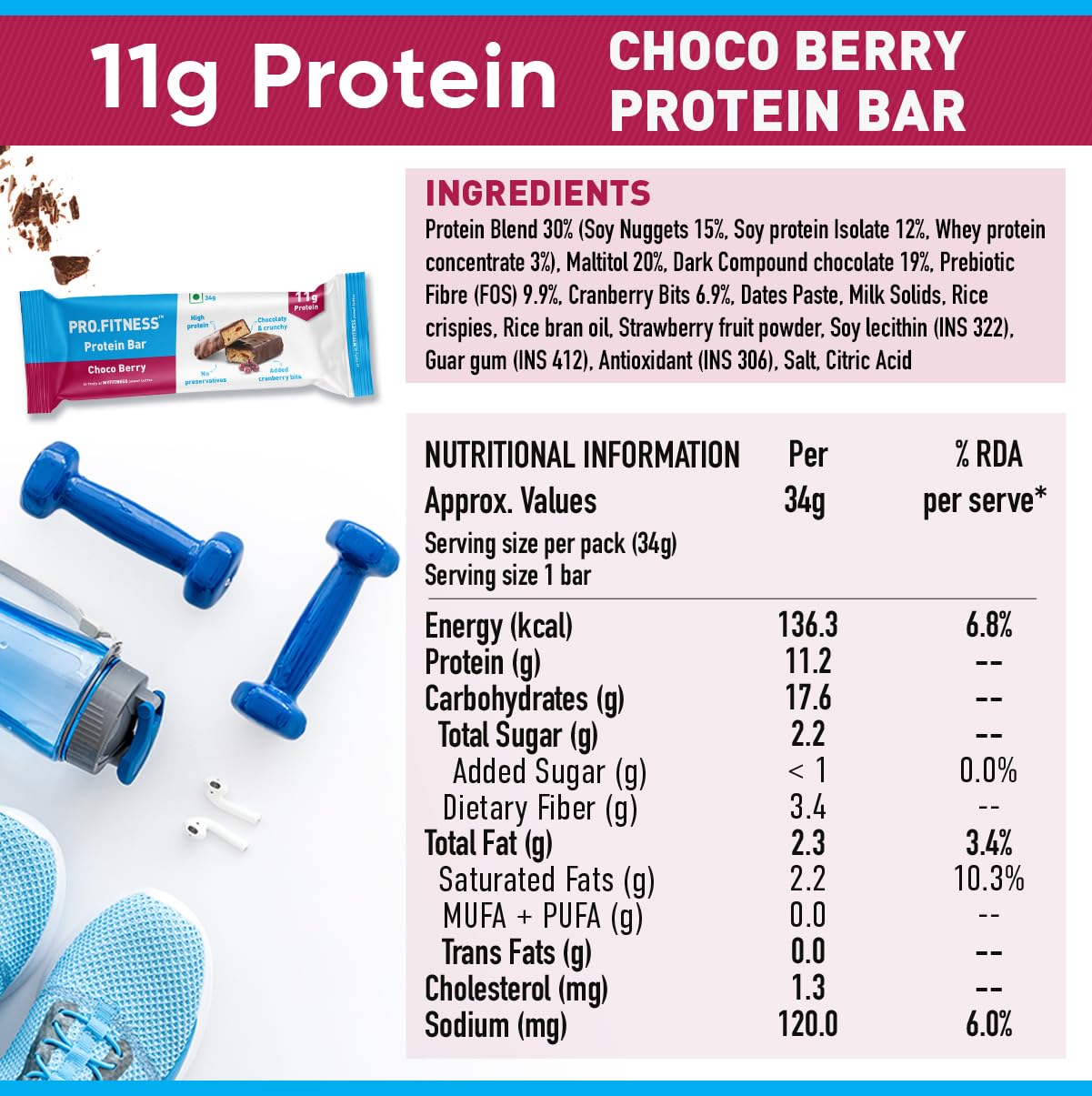 PRO.FITNESS Choco Berry Protein Bars | 11g Protein | No Added Sugar, No Preservatives, No Trans Fat | Healthy & Tasty Protein Bars | Pre-Post Workout Snack | Protein Chocolate Bars (34g x Pack of 6)