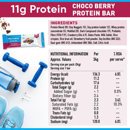 PRO.FITNESS Choco Berry Protein Bars | 11g Protein | No Added Sugar, No Preservatives, No Trans Fat | Healthy & Tasty Protein Bars | Pre-Post Workout Snack | Protein Chocolate Bars (34g x Pack of 6)