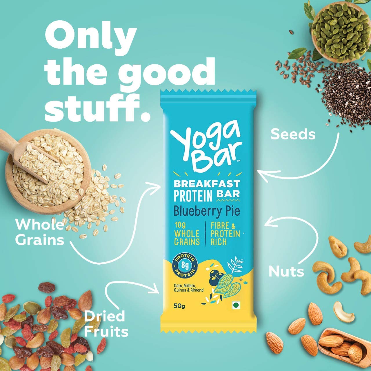Yogabar Breakfast Bars Variety Pack | Daily Protein Snack | High Energy & Nutrition Bars | 8g Protein & 7g Fibre Protein Bars | Pack of 6 Protein Bar x 45g | No Preservatives