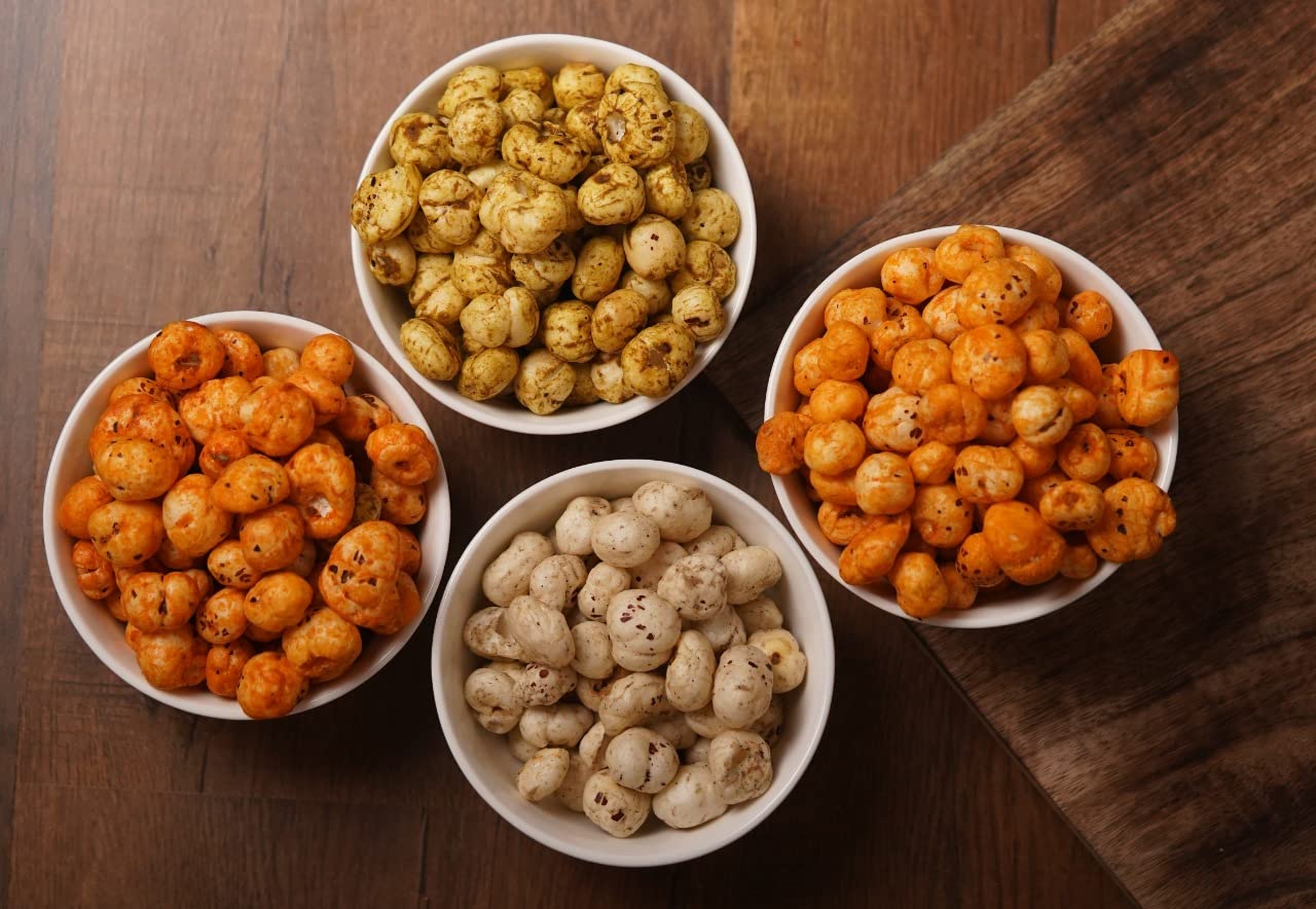Vishnu Delight Roasted Makhana Combo Pack - 4 of 90g Each flavor - Mint Masti, Fiery Peri Peri, Tangy Tomato, Himalayan Salt & Pepper - Crunchy, Deliciously, and Full of Flavorful Indian Spices Snacks