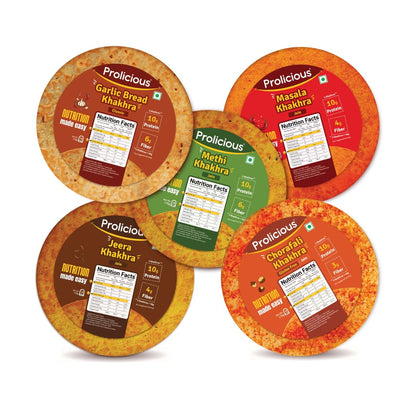 Prolicious Jain Khakhra Combo | Plant Based High Protein Healthy Anytime Snack | No Palm Oil (Pack of 4, 170Grams Each)