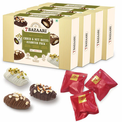 7 BAZAARI™ Premium Choco & Nut Dates - No Added Sugar, Gluten Free, Natural Ingredients - Assorted Almond Dark Chocolate, Cashew Milk Chocolate- 6pcs (Pack of 1)
