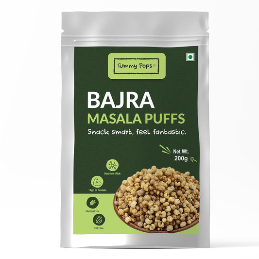 Tummy Pops Roasted Bajra Puffs | Crunchy & High-Fiber Pearl Millet Snack | Low-Calorie & Tasty Namkeen | Spicy Masala Flavor | 200gm Pack