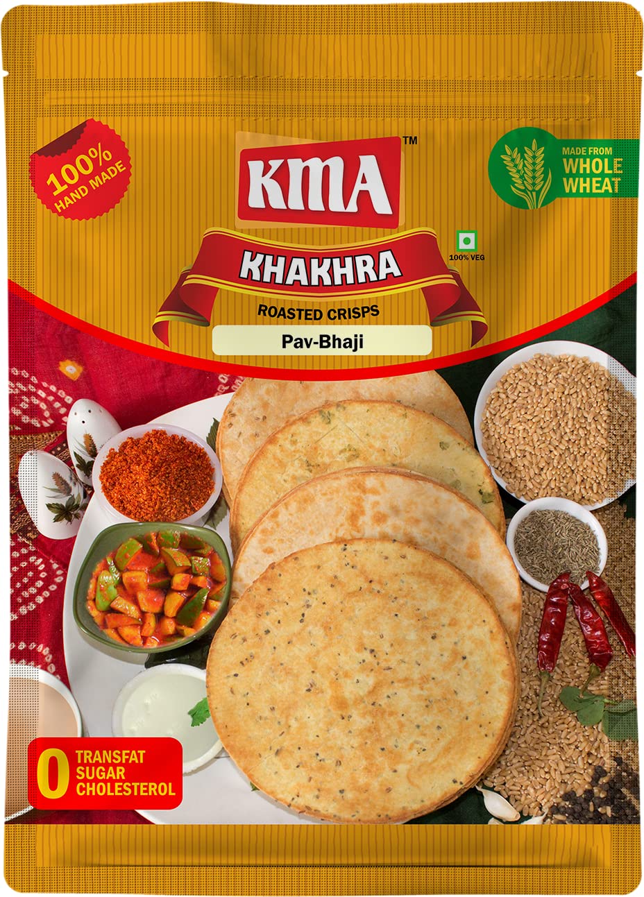 KMA Roasted Plain Khakhra 200 grams - Handmade Fresh Jain Gujarati Khakhra (Plain Salted Flavor), Ready to Eat Indian Snacks, 100% Natural Whole Wheat Snack without Maida, Vacuum Packed for Freshness