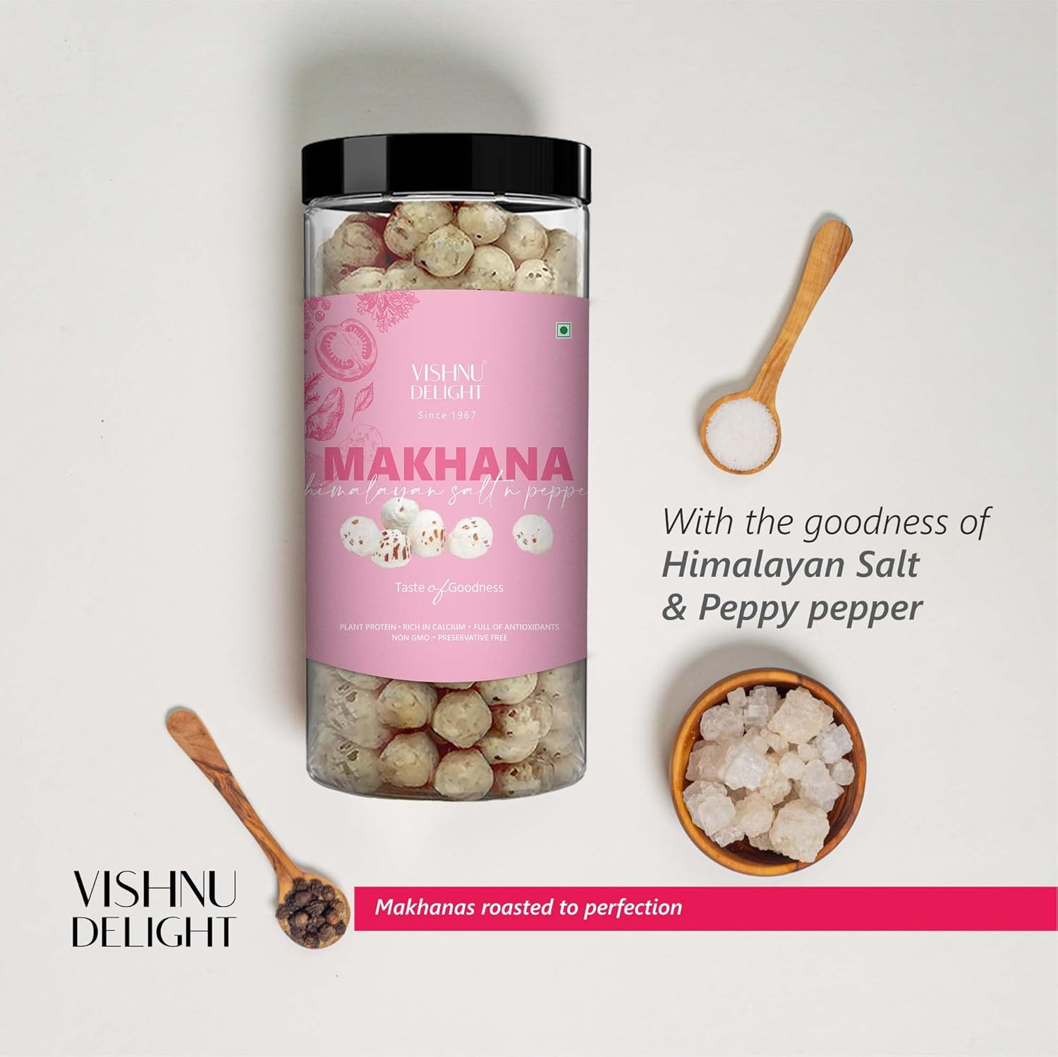 Vishnu Delight Roasted Makhana Combo Pack - 4 of 90g Each flavor - Mint Masti, Fiery Peri Peri, Tangy Tomato, Himalayan Salt & Pepper - Crunchy, Deliciously, and Full of Flavorful Indian Spices Snacks
