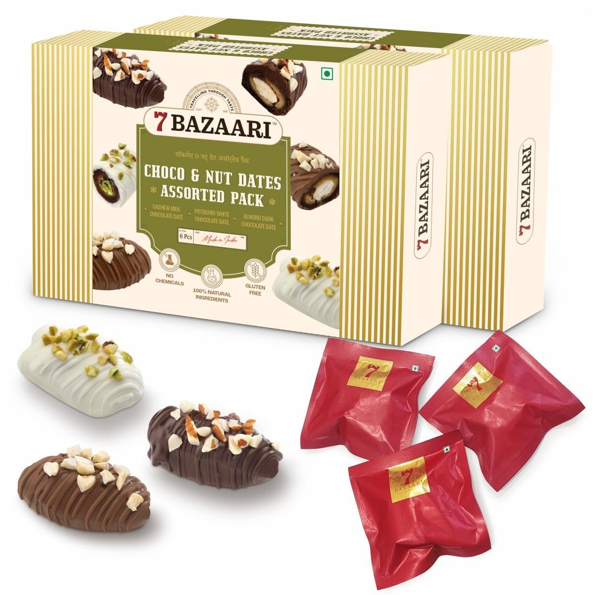 7 BAZAARI™ Premium Choco & Nut Dates - No Added Sugar, Gluten Free, Natural Ingredients - Assorted Almond Dark Chocolate, Cashew Milk Chocolate- 6pcs (Pack of 1)
