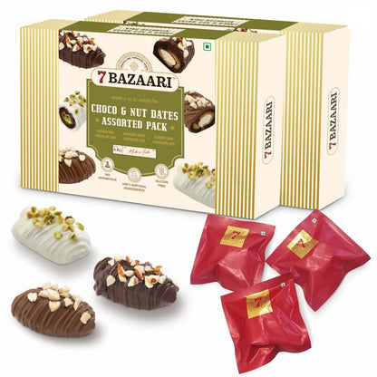 7 BAZAARI™ Premium Choco & Nut Dates - No Added Sugar, Gluten Free, Natural Ingredients - Assorted Almond Dark Chocolate, Cashew Milk Chocolate- 6pcs (Pack of 1)