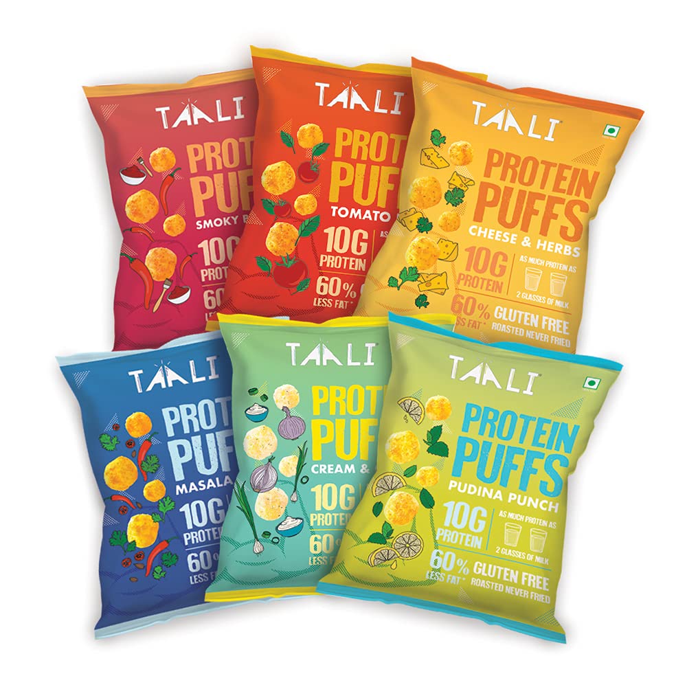 Taali Protein Puffs | 60 gm (Pack of 6) | Try All Flavors Pack | Healthy Roasted Tasty Snacks | 100% Veg., Gluten Free, No Cholesterol, No Trans-Fat