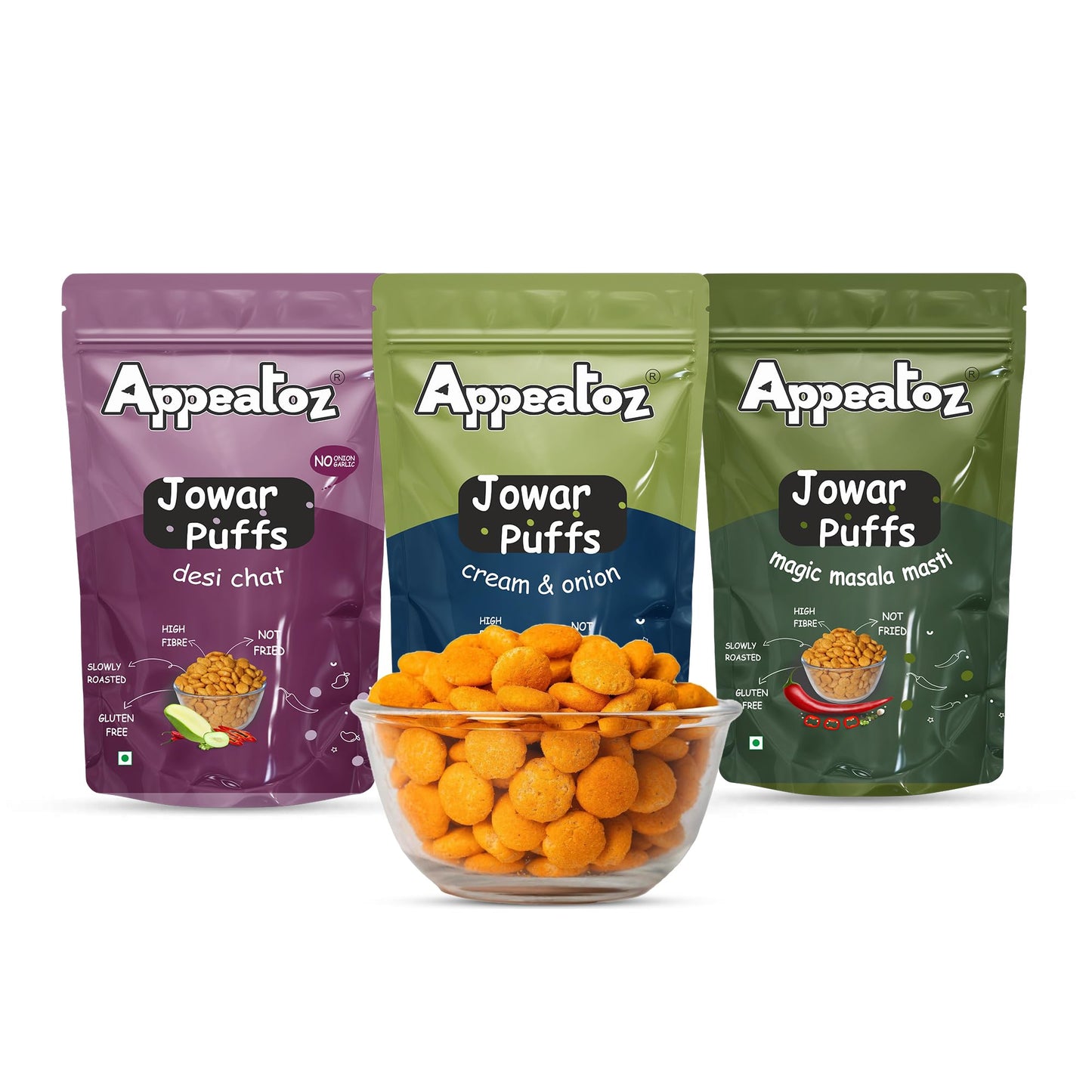 Appeatoz Jowar Puffs - Magic Masala | Roasted, Not Fried | Gluten-Free & High Protein | No Added Sugar | Healthy Baked Snack for Kids & Adults | Sorghum-Based | Crunchy Snack | Pack of 5