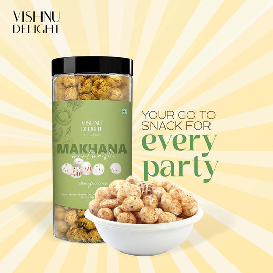Vishnu Delight Roasted Makhana Combo Pack - 4 of 90g Each flavor - Mint Masti, Fiery Peri Peri, Tangy Tomato, Himalayan Salt & Pepper - Crunchy, Deliciously, and Full of Flavorful Indian Spices Snacks