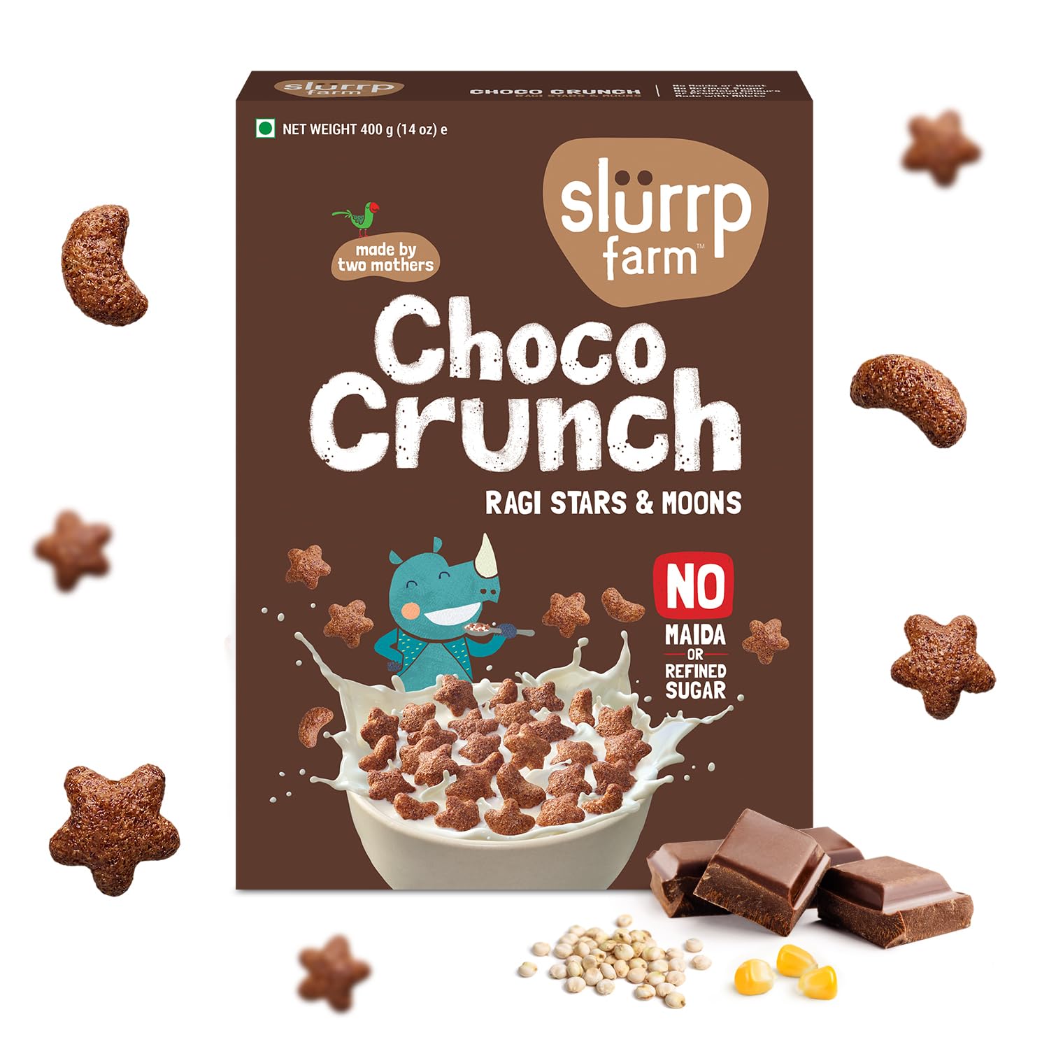 Slurrp Farm Choco Crunch Chocolate Cereal | No Maida, No Refined Sugar, No Added Colour | Ragi Stars and Moons | Healthy Breakfast for Kids | 400 g