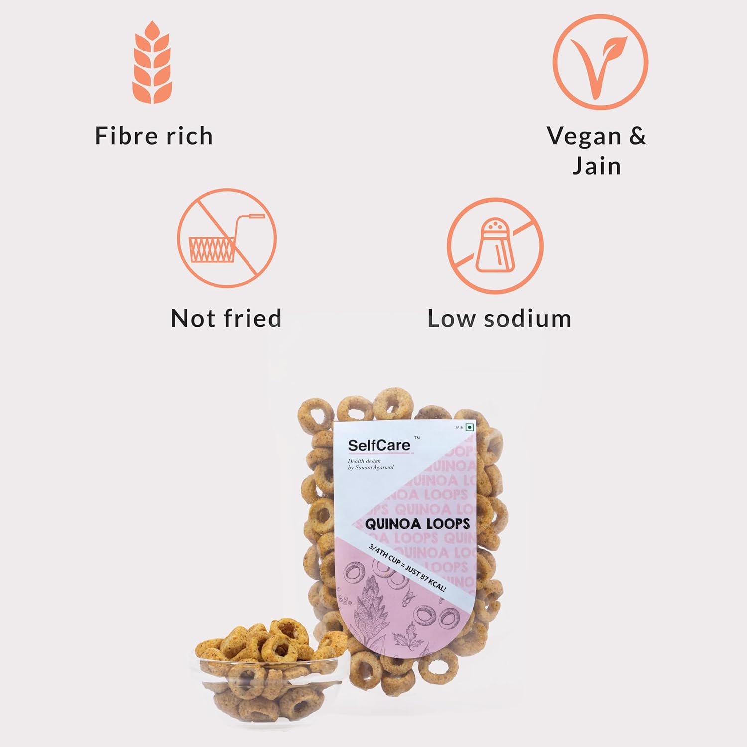 SelfCare By Suman Agarwal Quinoa Loops Pack of 1 100g | Healthy & Non Fried | Savoury - Snacks - Namkeen - Grocery | Spicy Crunchy & Chatpata - Tea time Snacking | Diabetic Jain & Travel Friendly