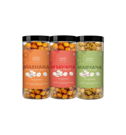 Vishnu Delight Roasted Makhana Combo Pack - 4 of 90g Each flavor - Mint Masti, Fiery Peri Peri, Tangy Tomato, Himalayan Salt & Pepper - Crunchy, Deliciously, and Full of Flavorful Indian Spices Snacks
