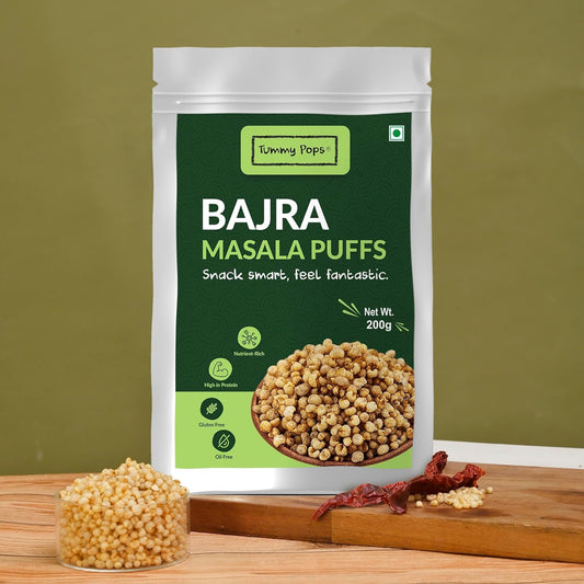 Tummy Pops Roasted Bajra Puffs | Crunchy & High-Fiber Pearl Millet Snack | Low-Calorie & Tasty Namkeen | Spicy Masala Flavor | 200gm Pack