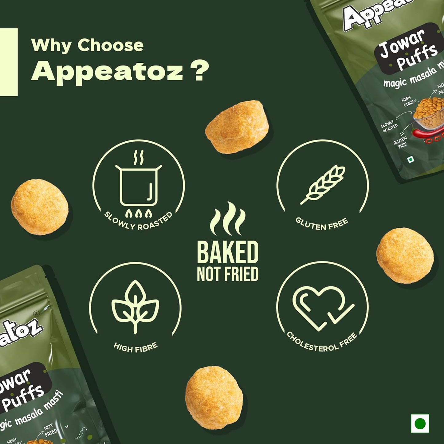 Appeatoz Jowar Puffs - Magic Masala | Roasted, Not Fried | Gluten-Free & High Protein | No Added Sugar | Healthy Baked Snack for Kids & Adults | Sorghum-Based | Crunchy Snack | Pack of 5